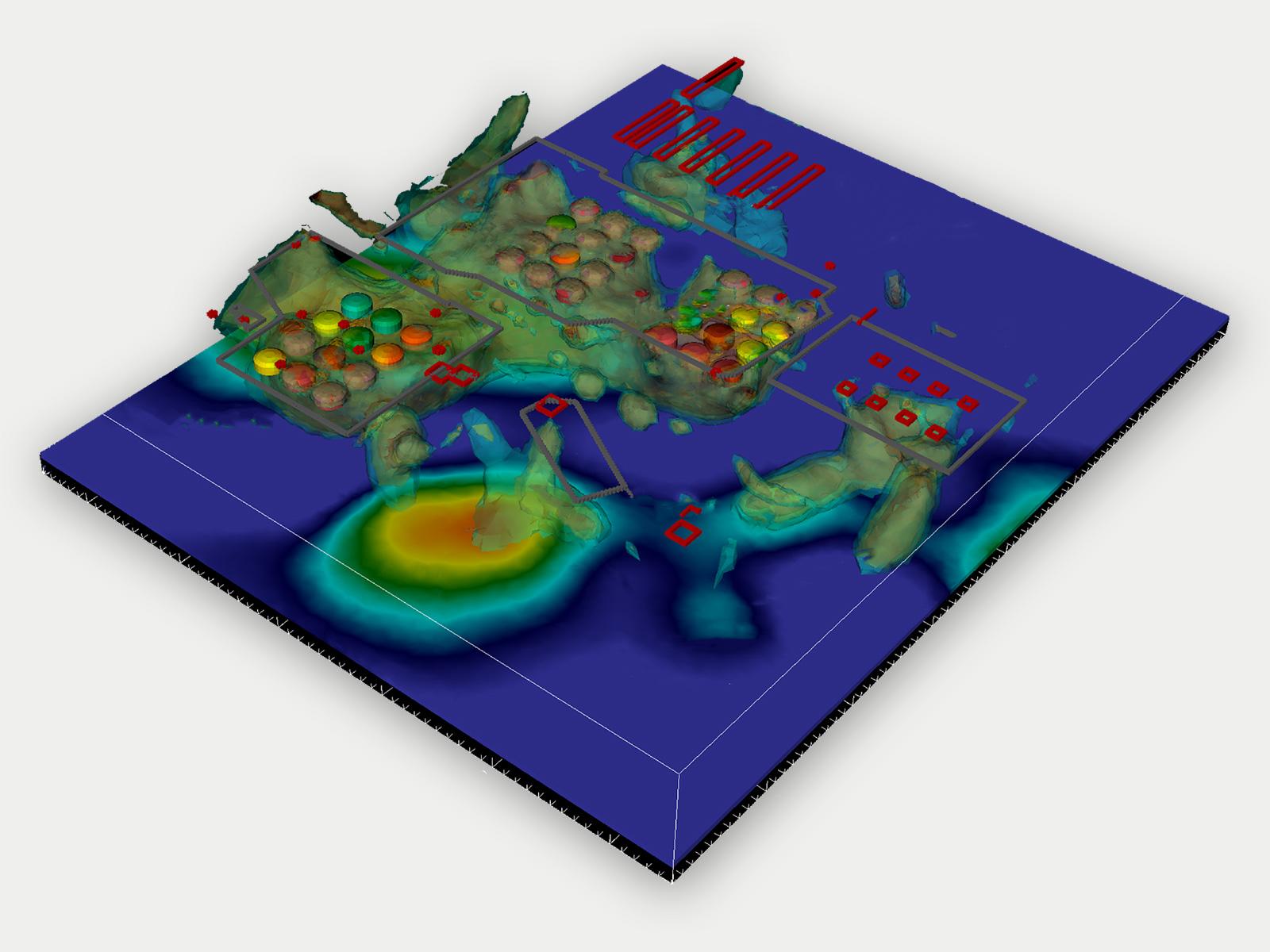 Computer graphic of E4D, showing the colorful three-dimensional image of what's underground.