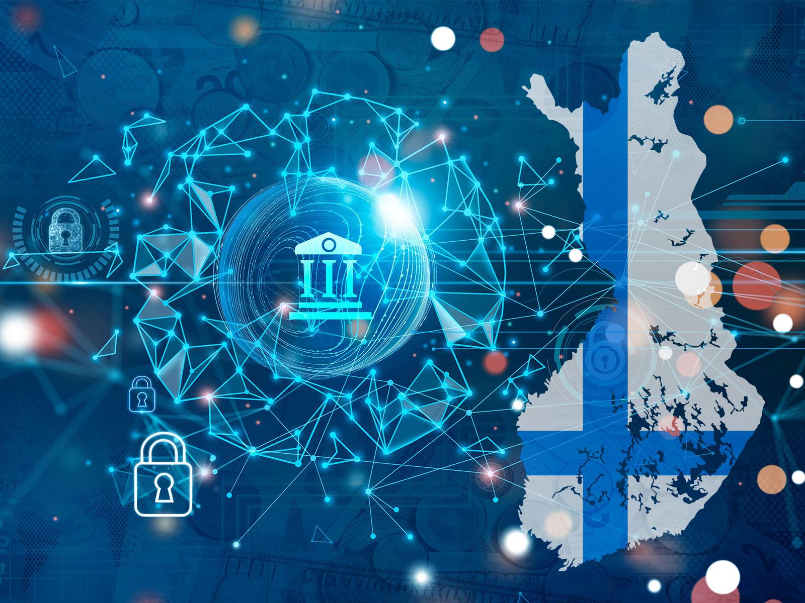 Composite image featuring lock icons, a building icon, and an outline of the country of Finland with its national flag overlaid on it