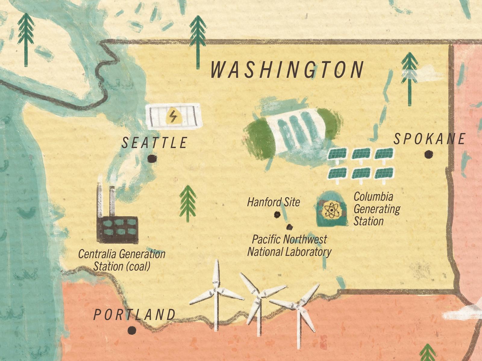 This illustrated map of Washington state shows the diversity of energy sources, including nuclear, hydro, solar, wind, and coal, plus energy storage