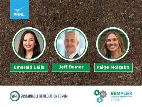 Graphic showing three seminar speakers on background of dark soil with institution logos