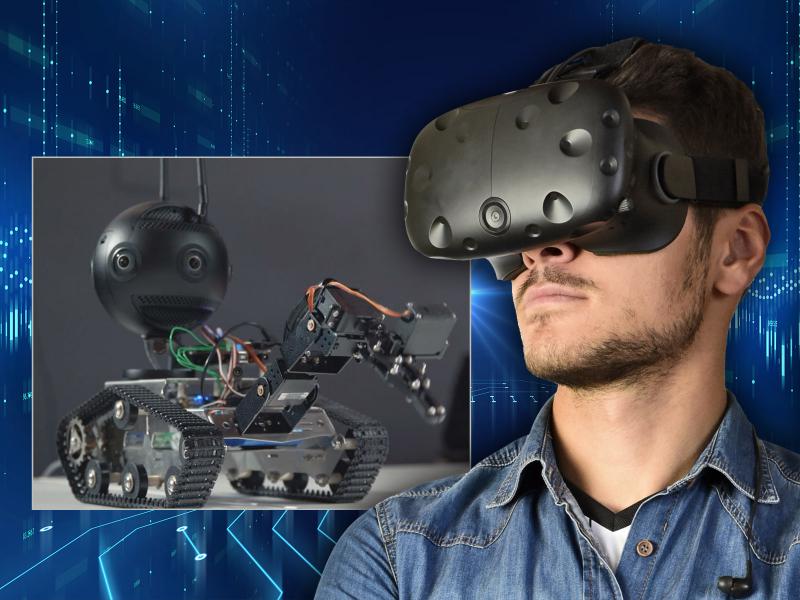 Image of a man wearing a VR headset looking at a robot