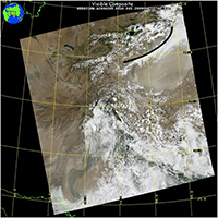 MODIS satellite view of dust storm over Taklamakan Desert.