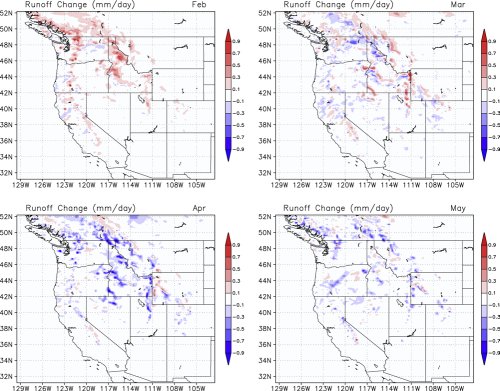 These graphs project the distribution and gradual change in water runoff from February to May in western states. Less snowpack storage is available in late spring when it is needed most. .