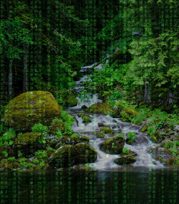 Stream flowing through rocks with binary data on top