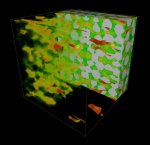 The image is a visualization of pore-scale flow simulation performed on PNNL's MPP2 supercomputer. White regions represent the solid grains of the porous medium and have been removed in the foreground portion of the image. Colored particles represent the moving fluid and colors represent the magnitude of local velocity, with red tones representing the largest velocities. Selected path lines are also shown. The simulation was performed by Bruce Palmer, Pacific Northwest National Laboratory, and the visualization was created by Chad Jones and Kwan-Liu Ma at the University of California at Davis and the SciDAC Institute for Ultrascale Visualization.