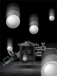 Conceptual art of nanoparticles with soft-landing instrument