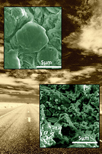 Microscopy images of anodes set on open highway backdrop