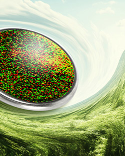 Artistic rendering of atomic vs topological view.