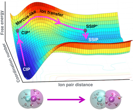 Free energy shart showing ion distance versus coordination number versus free energy as well as a cartoon of ion dissociation