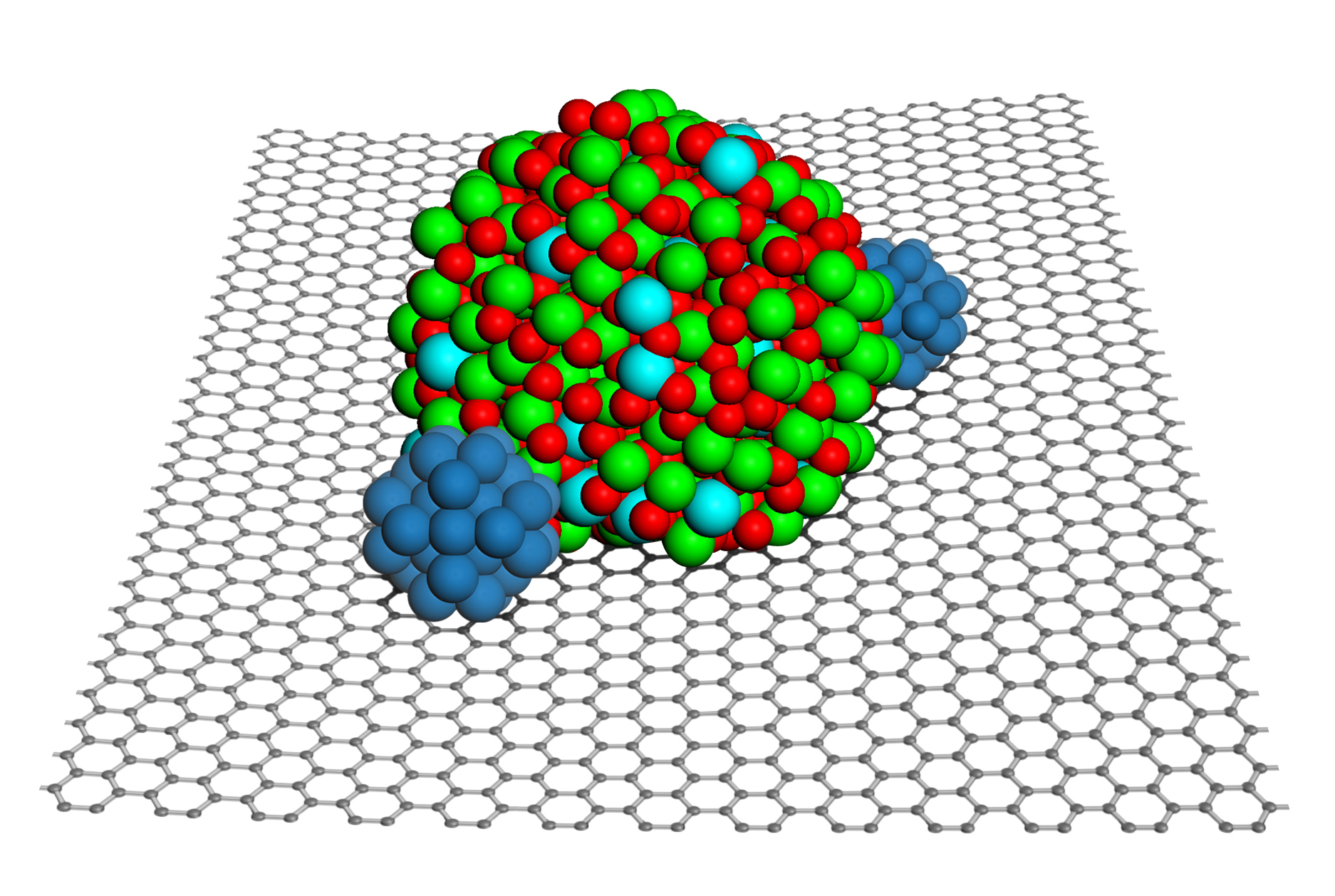 Nanoparticles of indium tin oxide (green and red) braces platinum nanoparticles (blue) on the surface of graphene (black honeycomb) to make a hardier, more chemically active fuel cell material. 