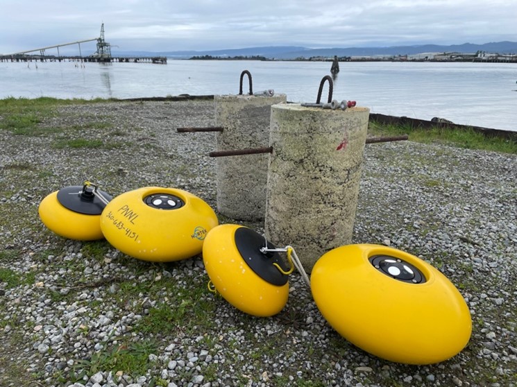 Acoustic Doppler Current Profiler on the shore of Humboldt Bay waiting to be deployed on the oyster farms