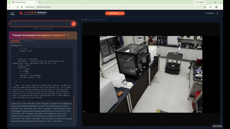 Animated GIF of a web browser. The right side of it shows footage of a desk moving in a room via a small machine at its base. The left side shows relevant code regarding this.
