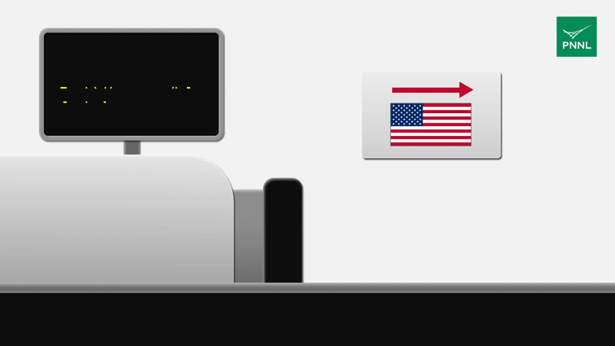 The animation shows a red suitcase on a belt, moving from left to right, exiting a scanner and then on its way to the U.S., signified by a U.S. flag and an arrow.
