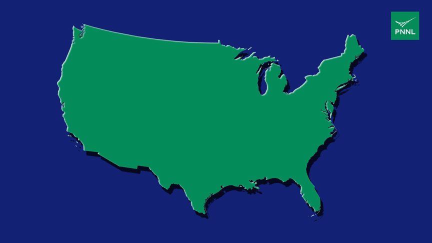 The animation shows a yellow arrow depicting a flight arriving in the U.S. from the west, landing in the southeastern U.S., , then going on to additional destinations in the northeastern U.S.