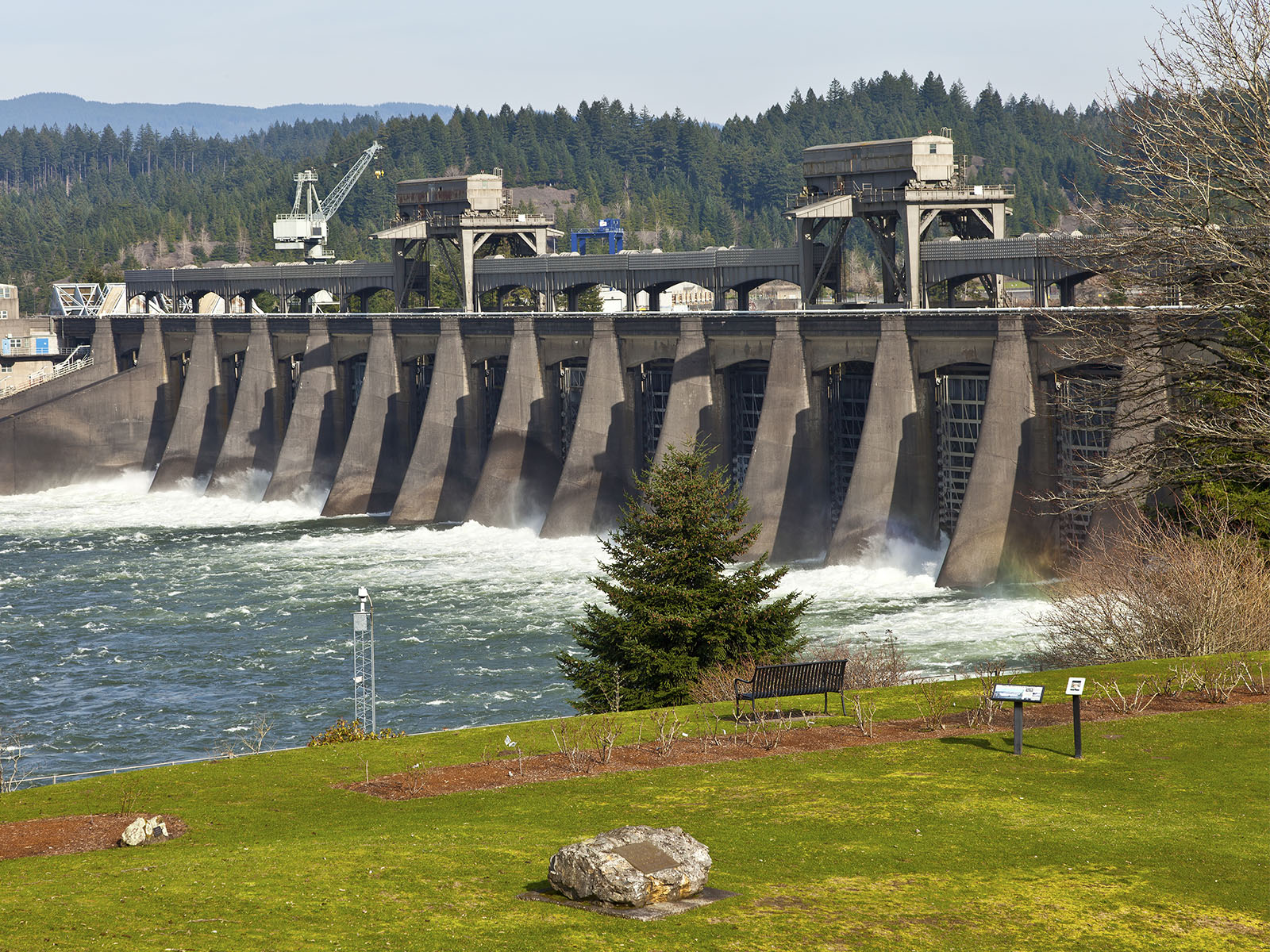 Water is released through the gates of the Bonneville Dam, on the Columbia River near Portland, Ore.
