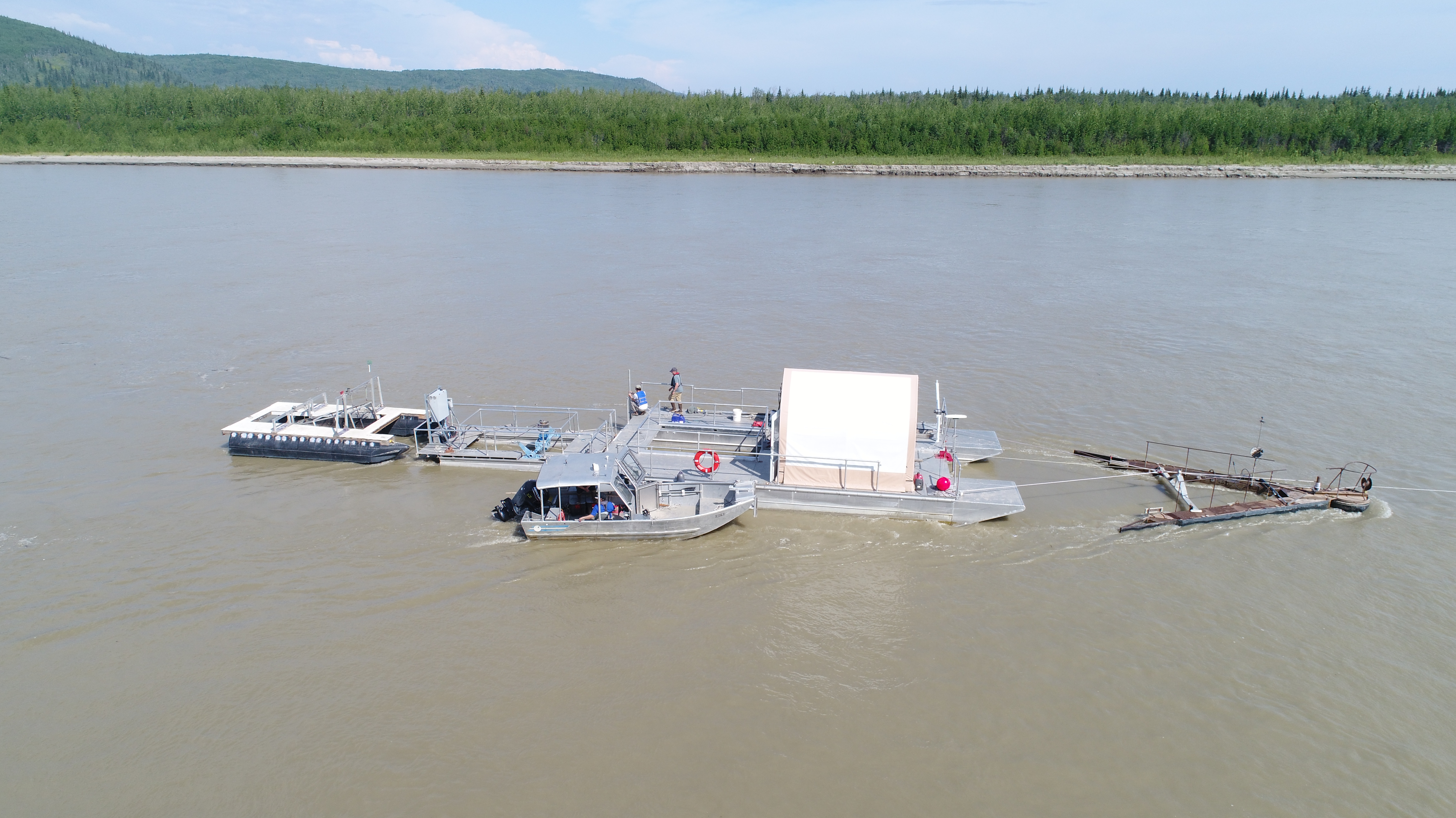 Aerial view of the barge at the Tanana River Test Site. 