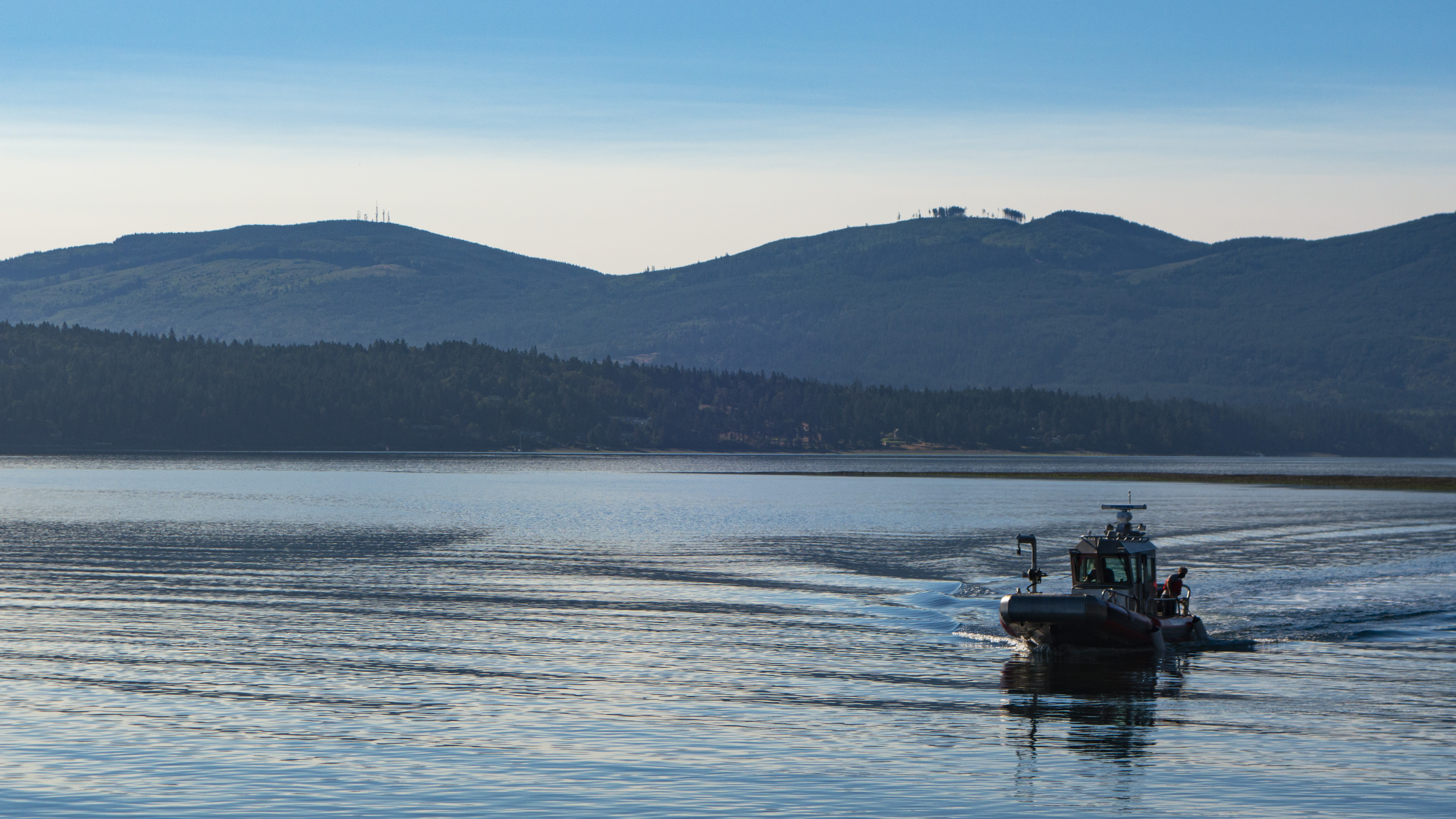 PNNL's research vessel Desdemona returning to the PNNL-Sequim campus after field operations in the Sequim Bay test bed.