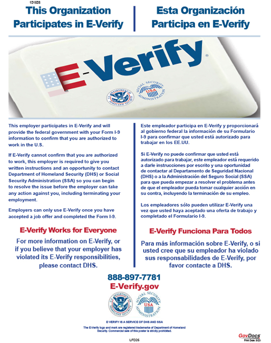 a document screenshot titled "this organization participates in e-verify" in both English and Spanish