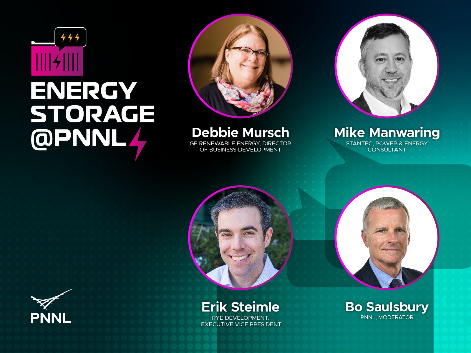 Dark teal background with four images featuring guest speakers and their names, graphic includes Energy Storage @ PNNL verbiage