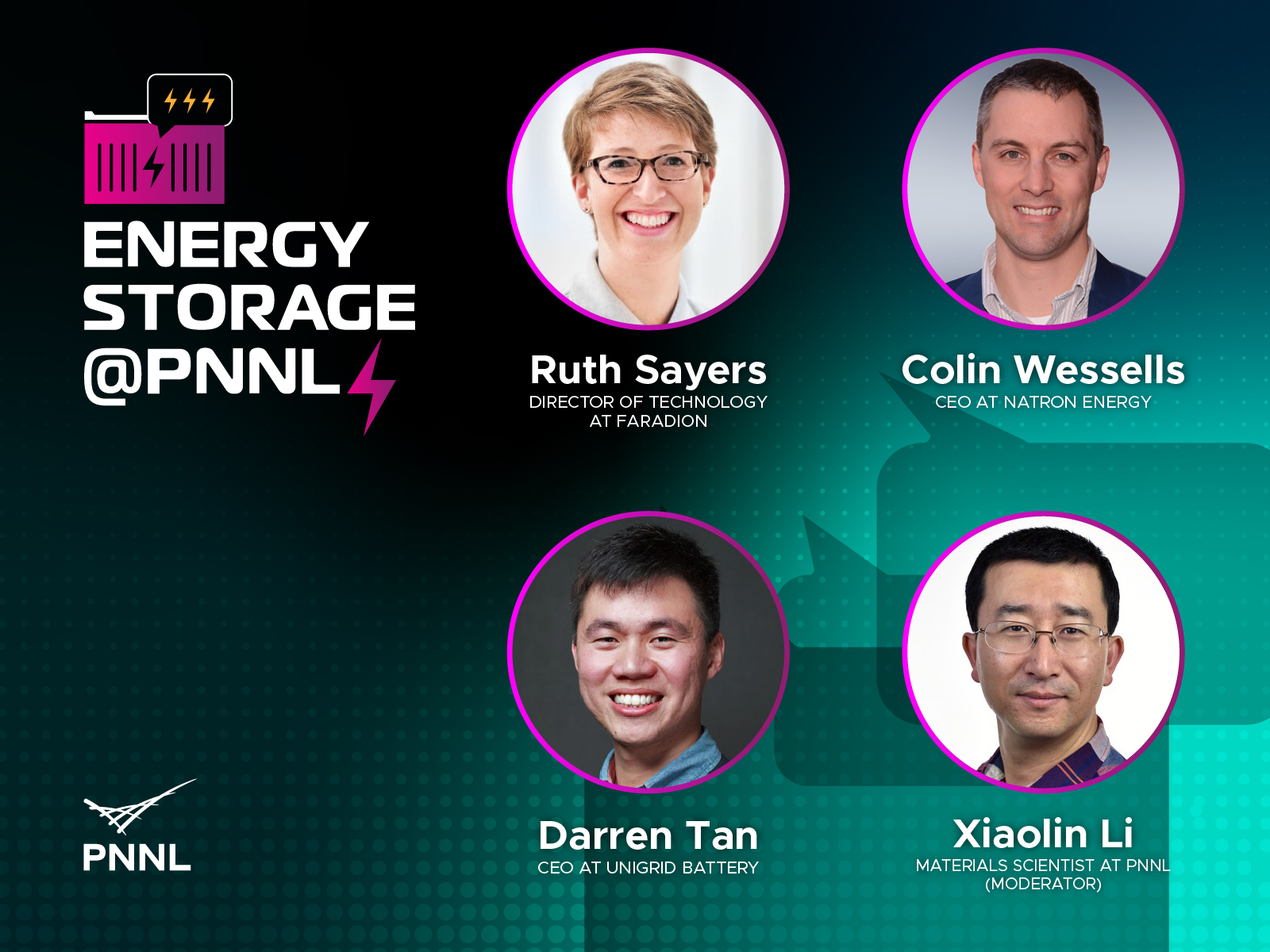 Three men and one woman are pictured on a teal background with Energy Storage @PNNL text