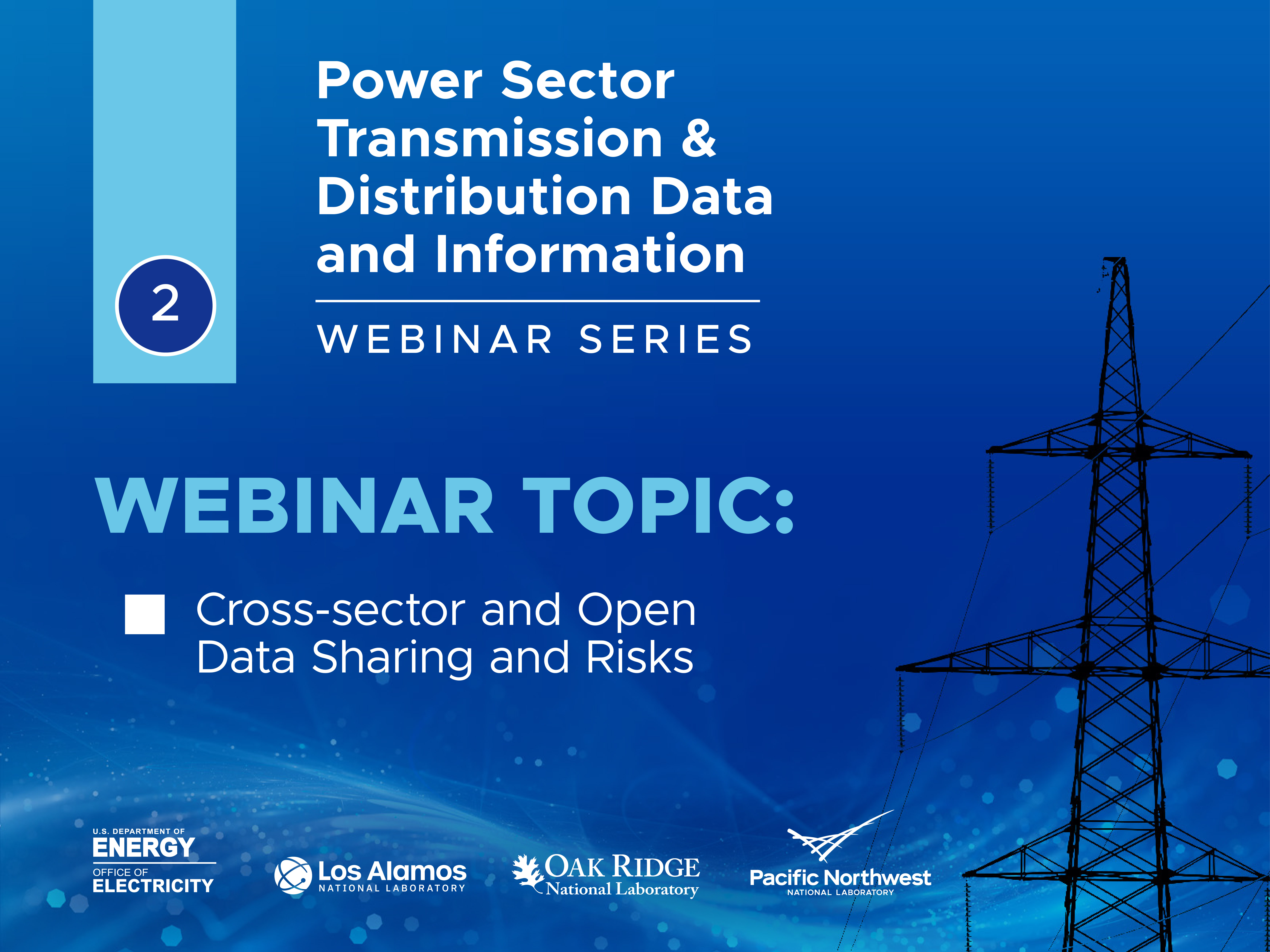 Power transmission line on electric blue background, light blue and white text highlighting webinar topic