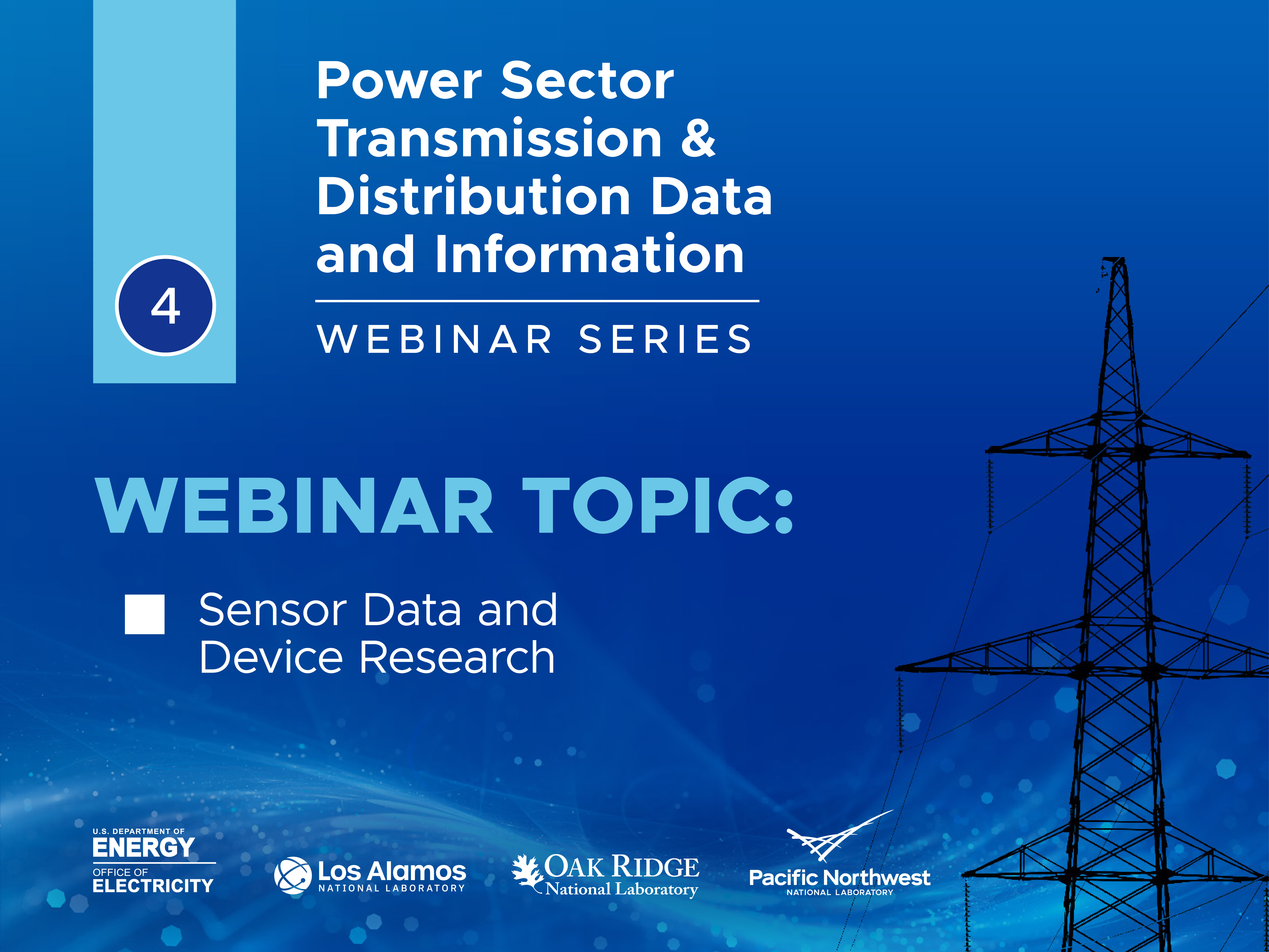 Power transmission line on electric blue background, light blue and white text highlighting webinar topic