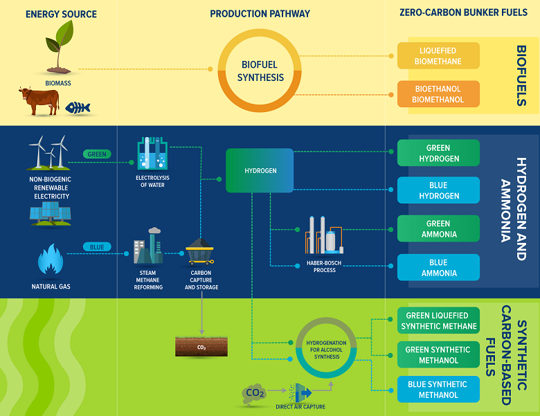 Possible clean fuel options available to the maritime industry. (Englert, Dominik; Losos, Andrew; Raucci, Carlo; Smith, Tristan. 2021. Volume 1: The Potential of Zero-Carbon Bunker Fuels in Developing Countries. World Bank, Washington, DC. © World Bank)