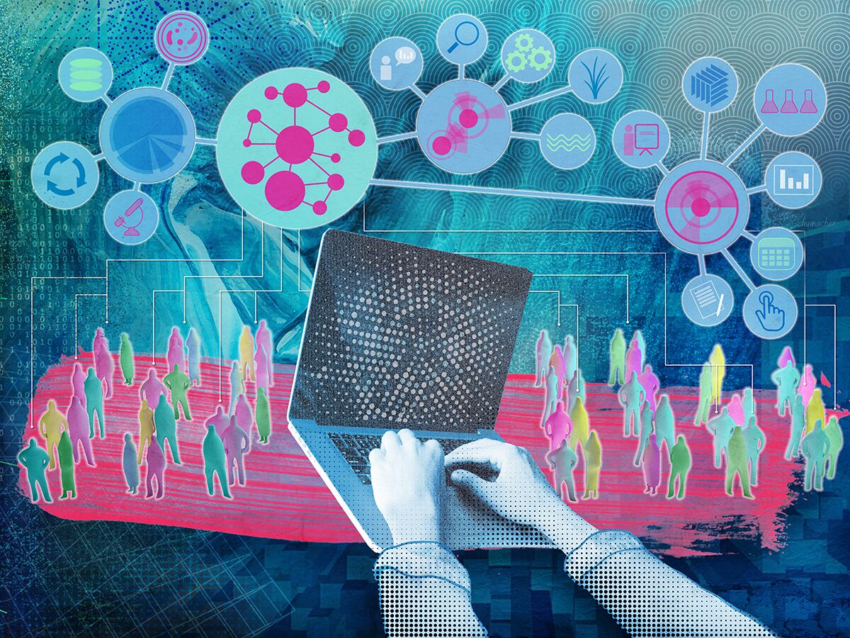 Two hands manipulate a laptop amidst a background of vibrant, multicolored silhouettes of people and various symbols of data analytics and technology overlays, including graphs, gears, and network icons.