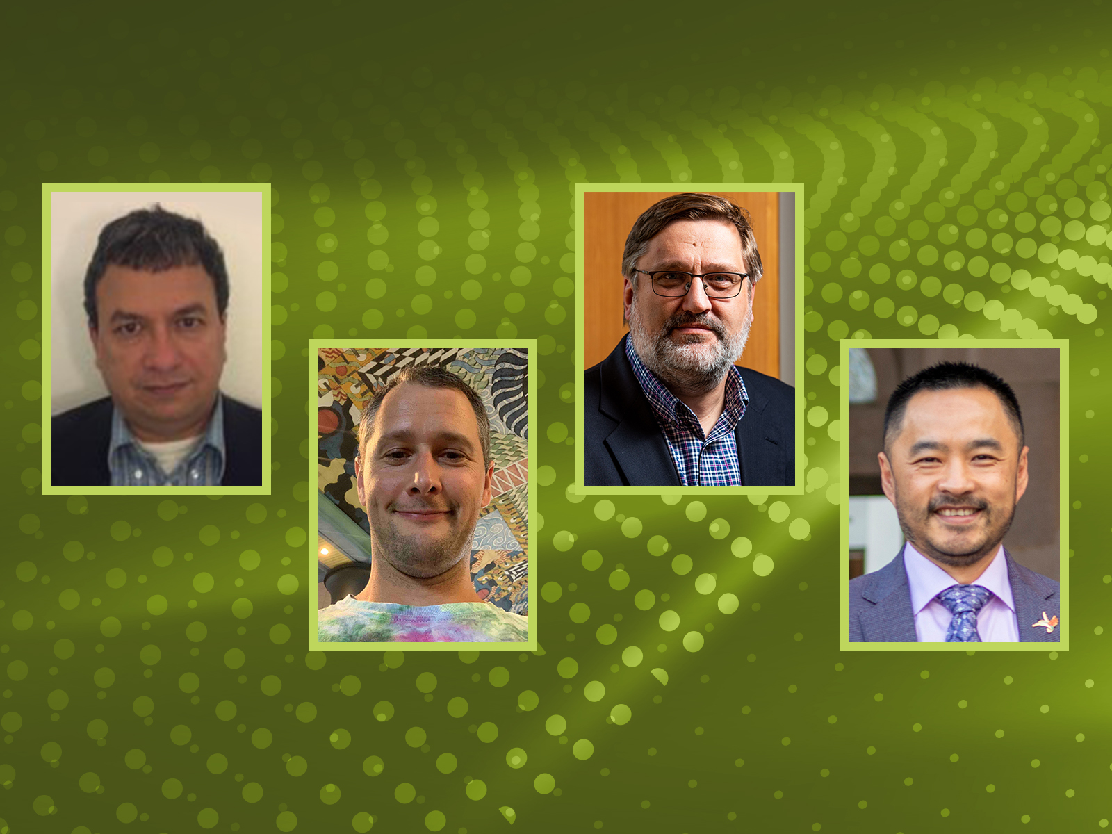 Composite image of headshots of four researchers on top of a green patterned background