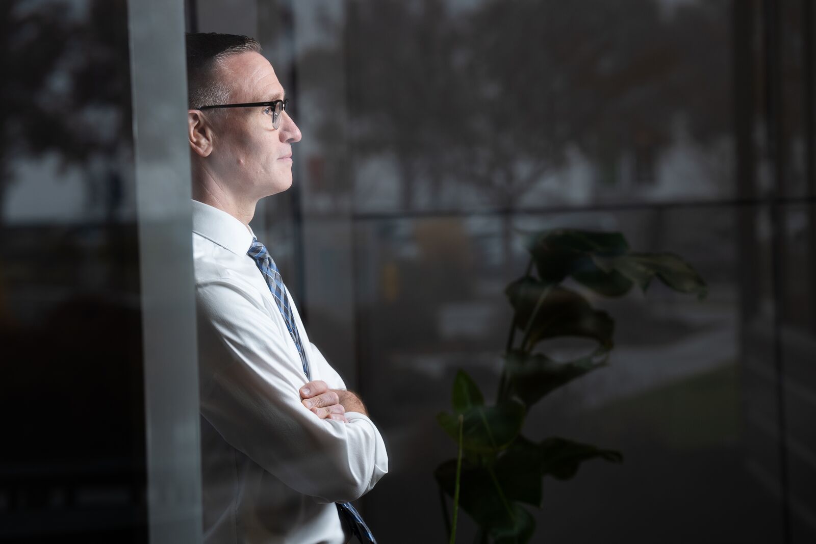 A man is shown in profile