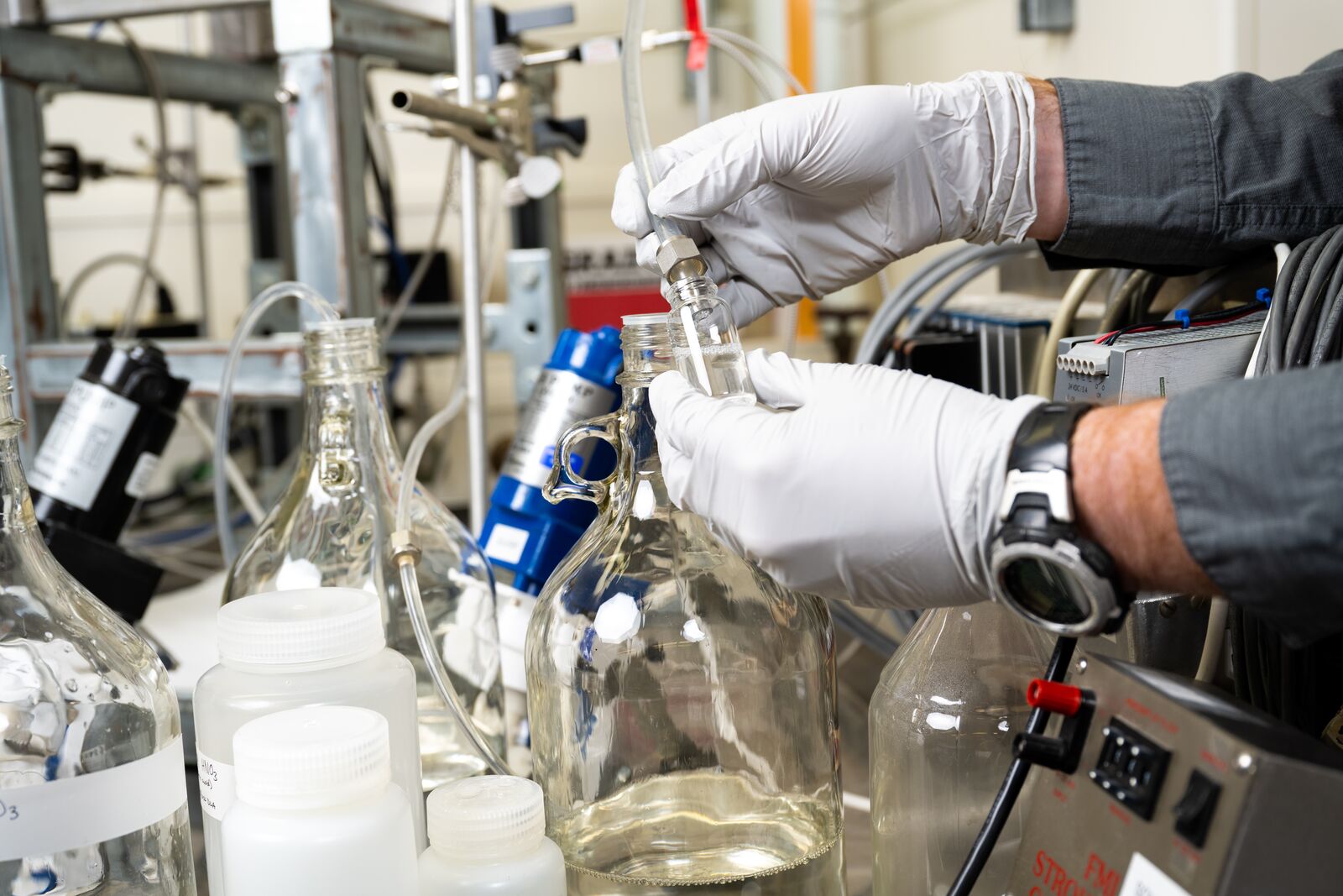 Close-up view of testing technologies in a laboratory for the back end of the nuclear fuel cycle.