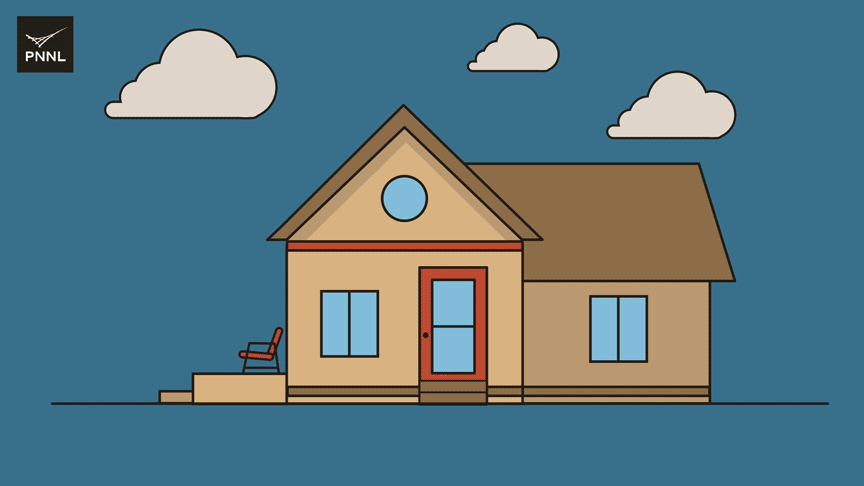 An animation of the exterior of a house with various upgrades being added to it. The upgrades include an awning over the porch, a big tree, various bushes and flowers all along the house, blinds on windows, shading over windows, and solar panels on the roof.