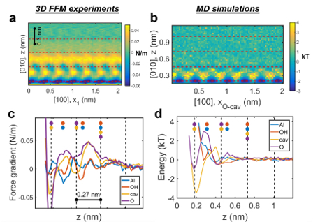 Scientific figure showing how IDREAM researchers are investigating the boehmite(010)–water interface.