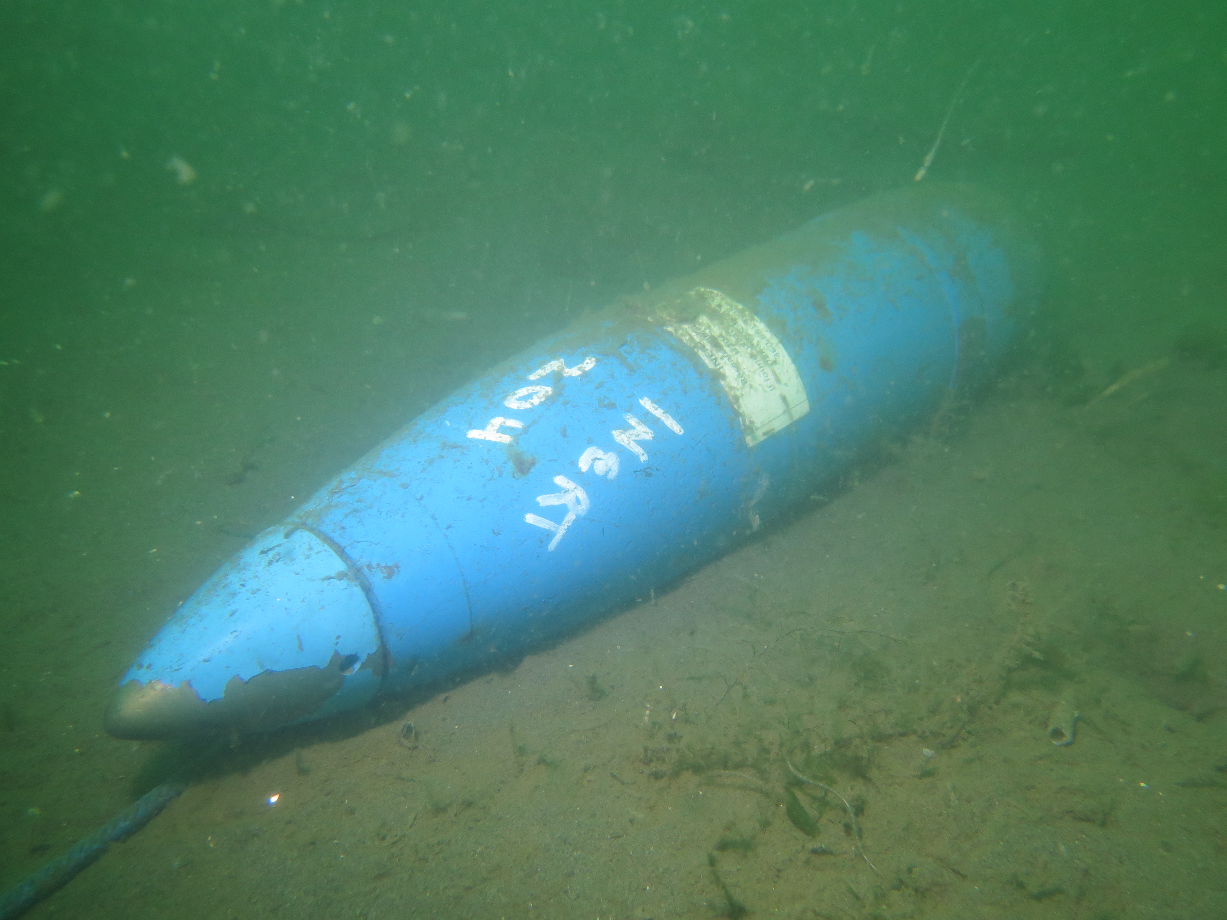 Inert unexploded ordnance deployed in Sequim Bay, Washington. (Photograph captured by divers | Pacific Northwest National Laboratory).