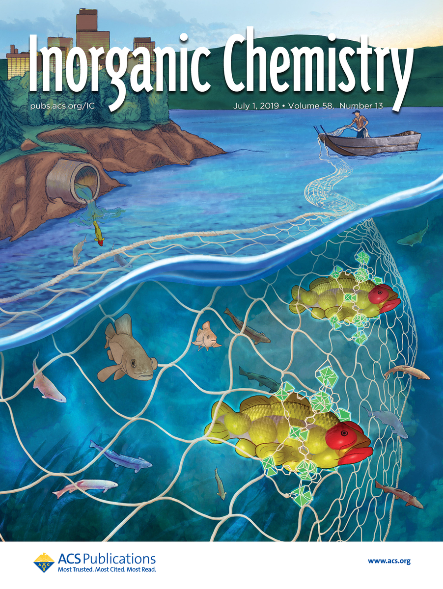 Illustration of a fisherman using a net in the water to catch yellow-red fish that look like molecules.