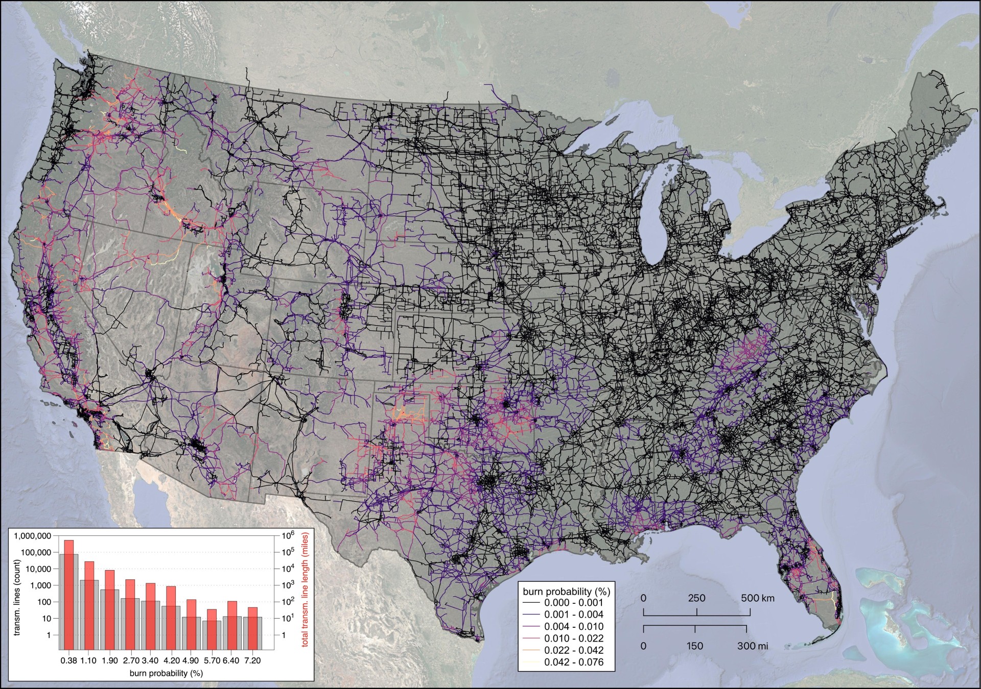 U.S. map showcasing average burn probability along each voltage transmission line
