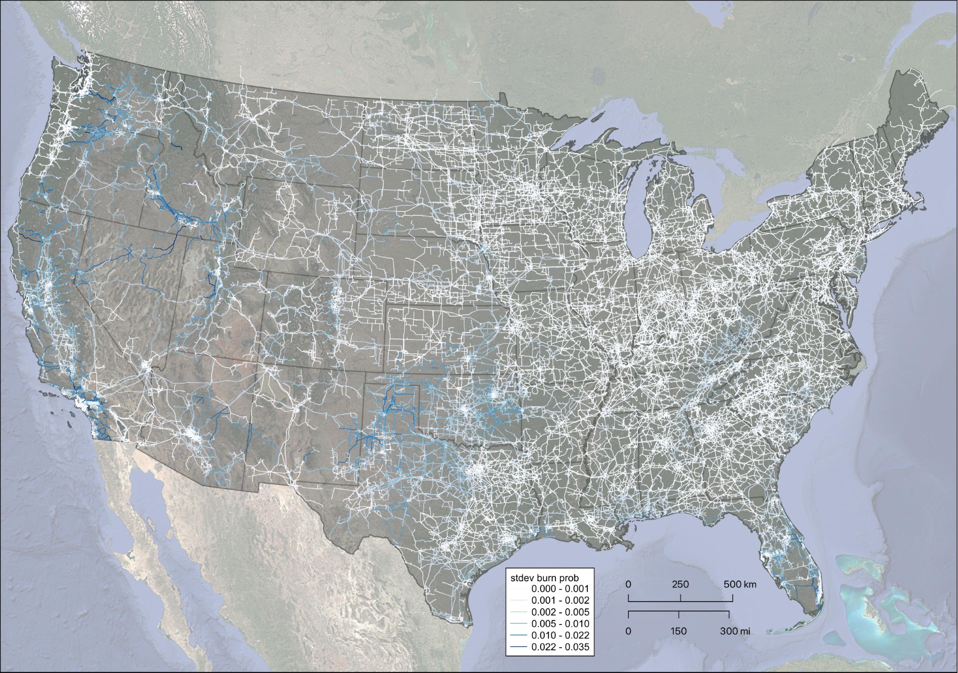 U.S. map showcasing standard deviation of burn probability along each voltage transmission line