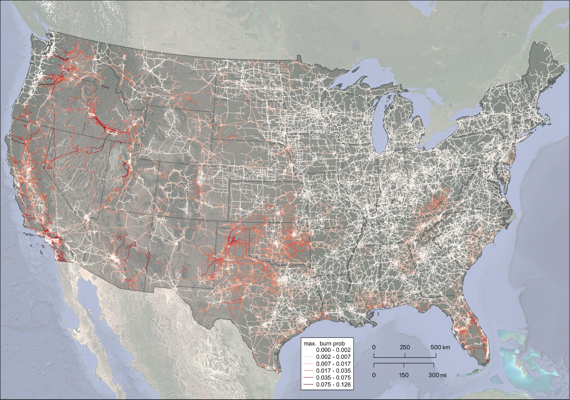 maximum burn probability along each voltage transmission line