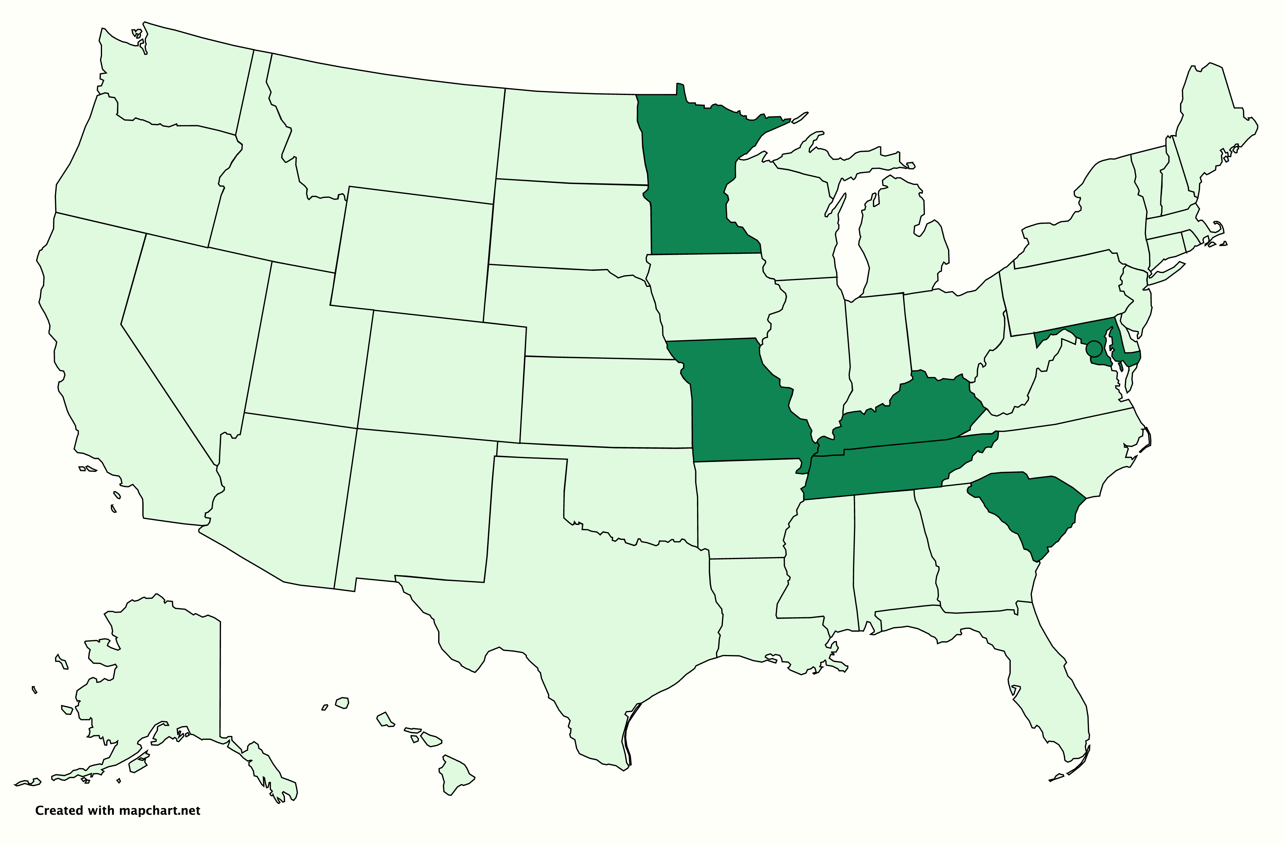 U.S. map with several states shaded in dark green
