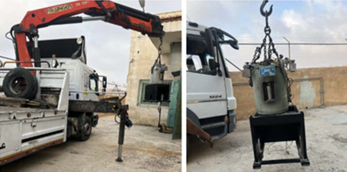 Composite image with two photos. The left shows a truck with a crane arm holding an irradiator in the air. The second shows the irradiator being placed in a container.