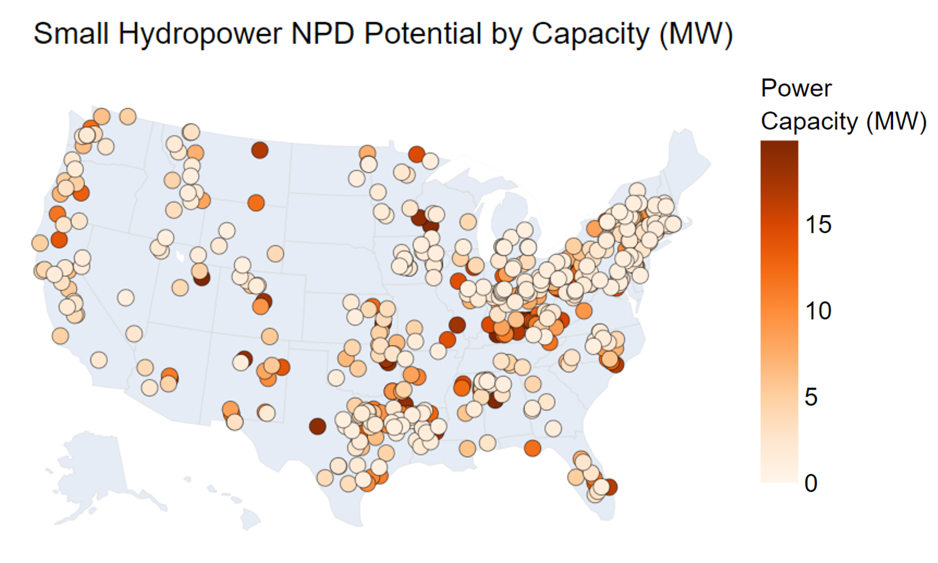 Most small hydropower projects under development in the United States between 2016 and 2018 were anticipated to generate 5 MW or less. (Figure by Travis Douville | Pacific Northwest National Laboratory)