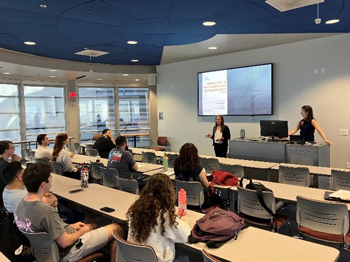 Students in a classroom listening to a lecture during Nuclear Policy Week.