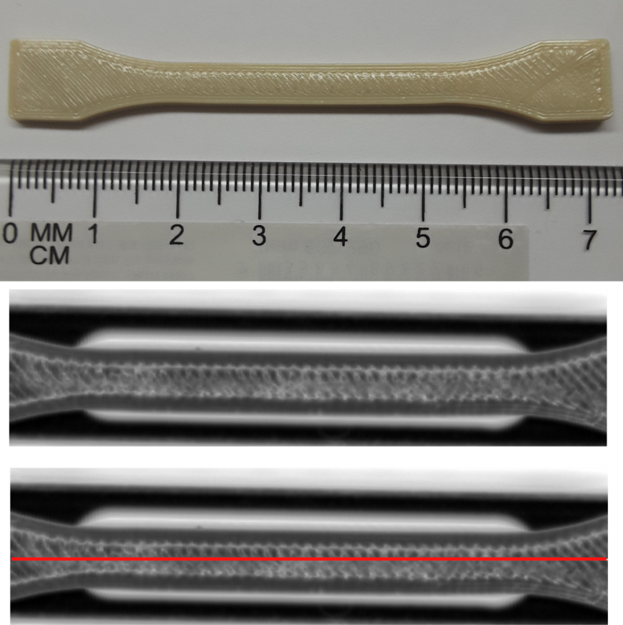 Typical specimen used to acquire data for our classification study (top); structural image constructed using the acquired ultrasonic data (bottom). The team showed it is only necessary to acquire the data along the midline (red line) to classify the various components.