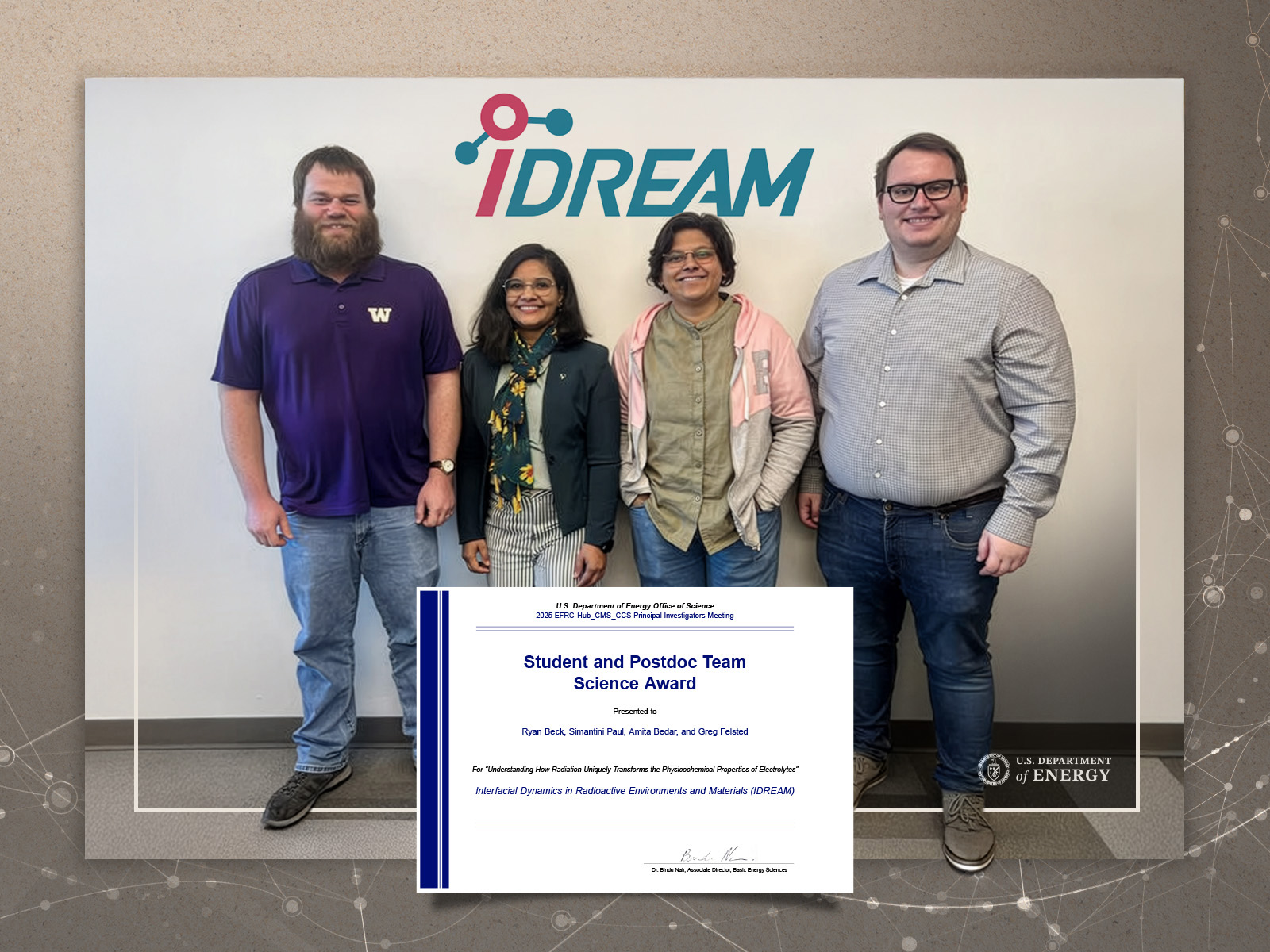 Photograph of four researchers with recognition certificate added as part of a composite image