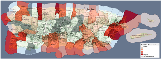 Map of Puerto Rico showing areas by color which represents disaster recovery time.