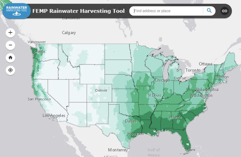 Rainwater Harvesting Tool user interface showing rainfall concentrations in the U.S.