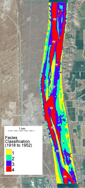 Figure shows a map of riverine facies based on simulated shear stress for a 7 kilometer stretch in the Hanford Reach of the Columbia River.