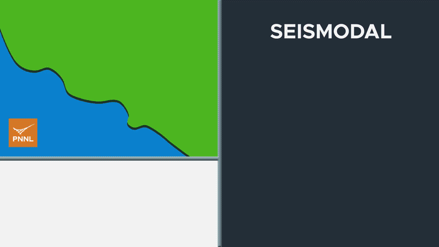 The animation demonstrates the types of data available when an earthquake occurs. An earthquake is represented as a purple star on a coastline (green) near water (blue). Then words appear signifying data types: regional data, epicenter location, magnitude, intensity, seismic waveforms, time stamp, and multimedia. A seismic waveform in black appears at the bottom.