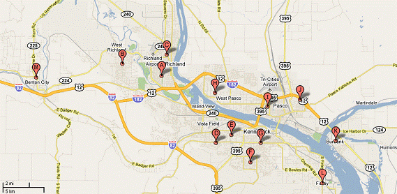 a map with points indicating the locations of middle schools throughout the Tri-Cities area