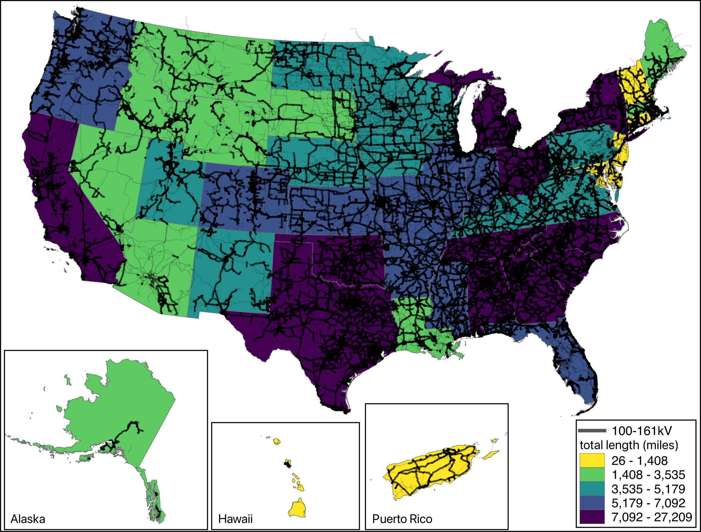 U.S. map with states colored to indicate transmission voltages between 100-161kV by state